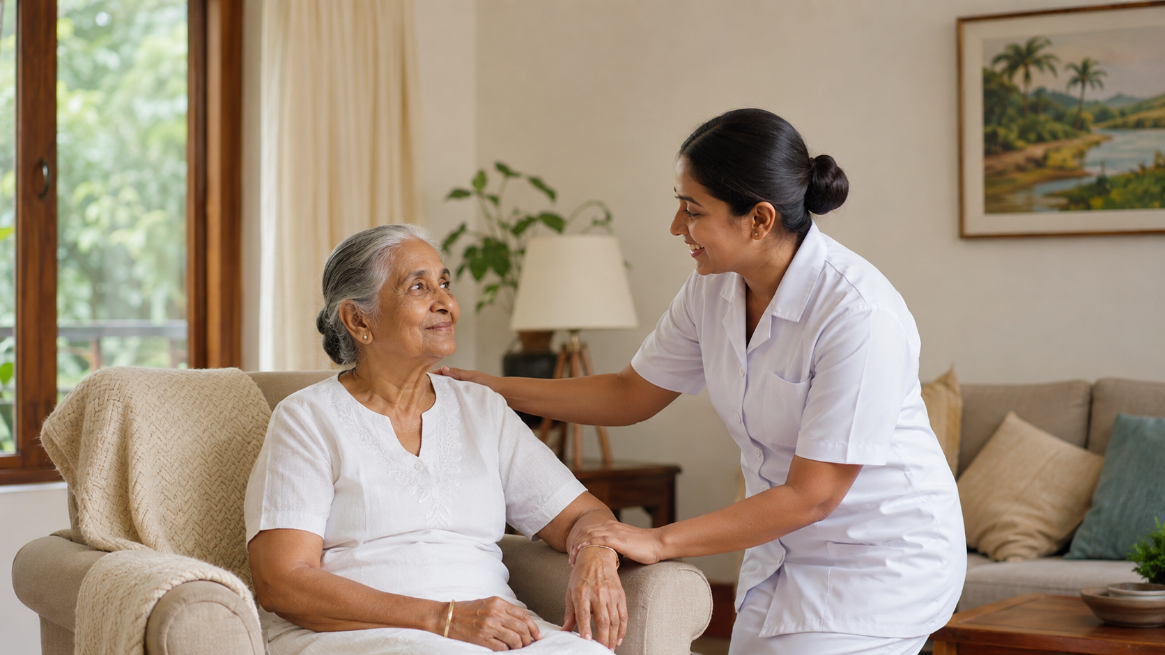 Sri Lankan caregiver supporting an elderly woman